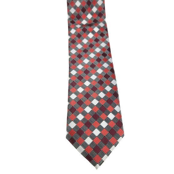 Bergamo New York Diamond Pattern Black Orange Mens Necktie with Pocket Square - Picture 3 of 11